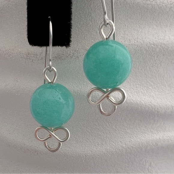 Jade Beaded Wire Wrapped Earrings Blue-Green Hypoallergenic - Picture 12 of 12